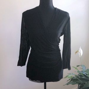 Sweet Pea by Stacy Frati black sheer mesh surplice long-sleeve top, size 1X